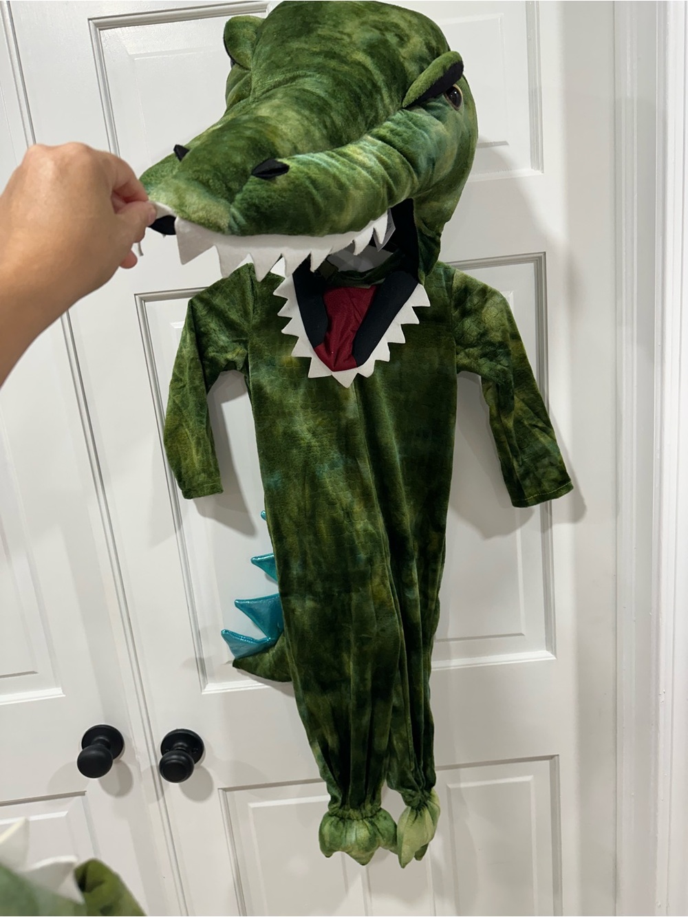 Pottery Barn Kids Green Plush T. rex Costume with Teal Spikes and working lights